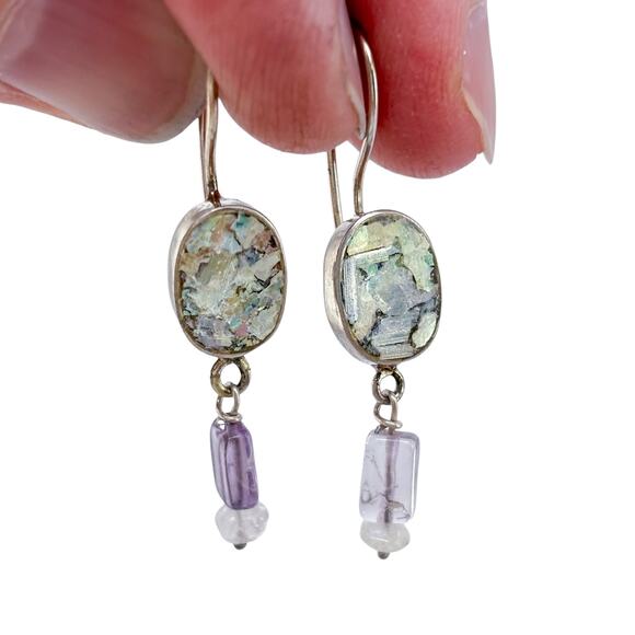 Estate Sterling Silver 925 Mosaic Glass Amethyst Quartz Earrings - Picture 3 of 7